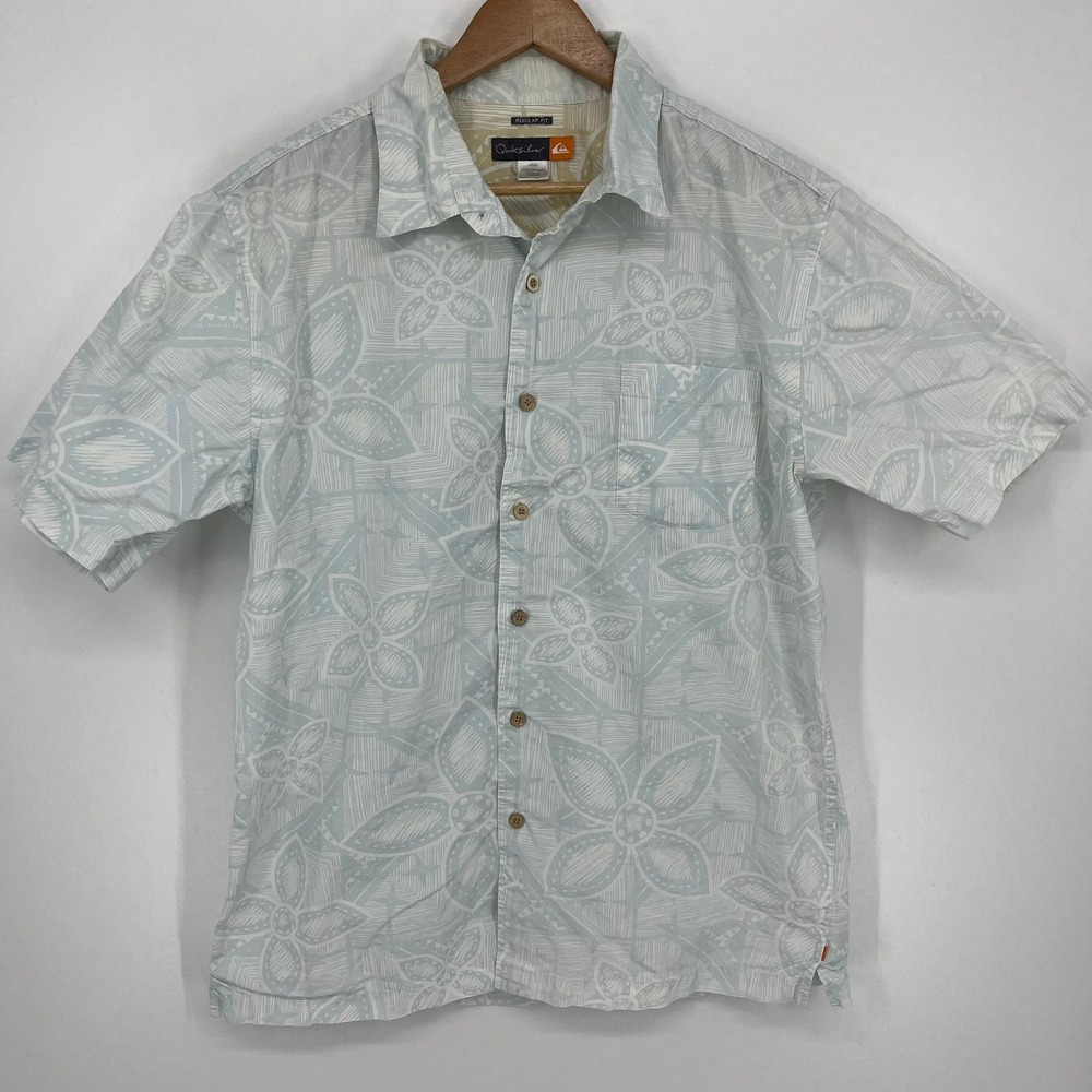 Quiksilver Mens Light Blue Geometric Floral Short Sleeve Button Up Shirt Size L